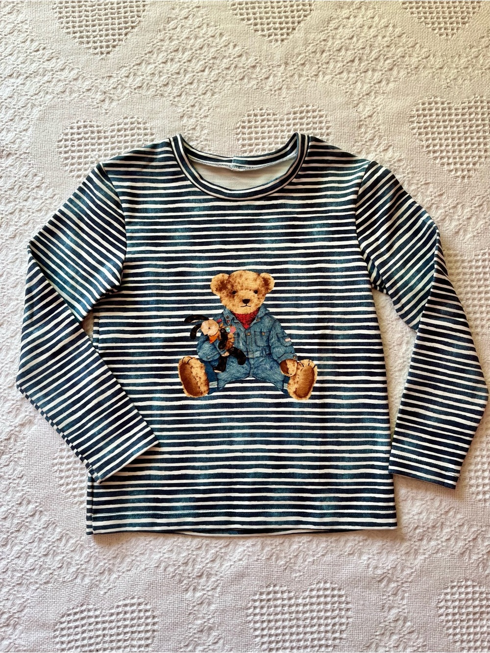 Kids Striped Long-Sleeve Tee Bear in Engineer Overalls Graphic front & back
